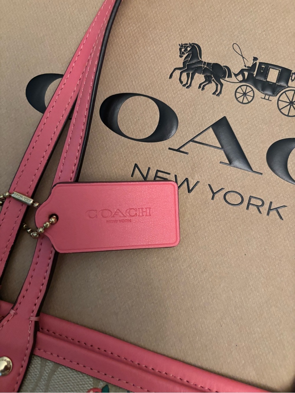 Coach Beige Signature Canvas Tote with Pink Trim and Strawberry Print - Picture 2 of 6